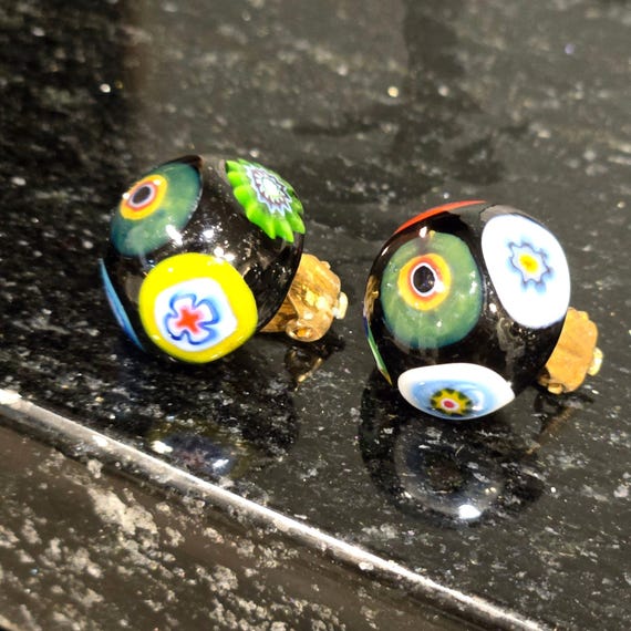 Vintage Murano Millefiori Glass Earrings Clip On Handmade Multicolor Venetian