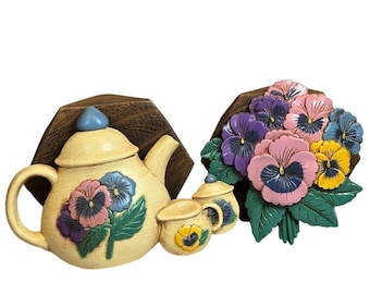 VTG Wall Hangings Pansy Teapot HOMCO Home Interiors Decor Burwood set of 2