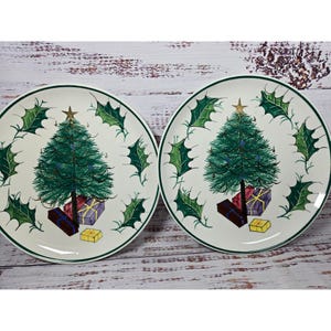 Vintage Made in Italy Christmas Tree Holiday Plates Set Of 2 With Holly & Gift Design