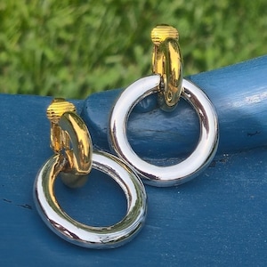 Vintage signed Kenneth J Lane Gold & Silver-Tone Hoop Clip-On Earrings KJL designer jewelry