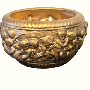 Vintage Gold Cherub Ram Planter Neoclassical Angel Relief Hollywood Regency