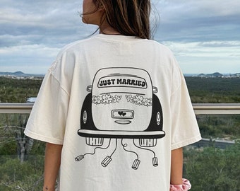 Retro Comfort Colors Shirt for New Bride Just Married Car Trendy Bridal Tshirts Cute Honeymoon Shirts Newlywed Tee Wife Life Mrs Bride Shirt