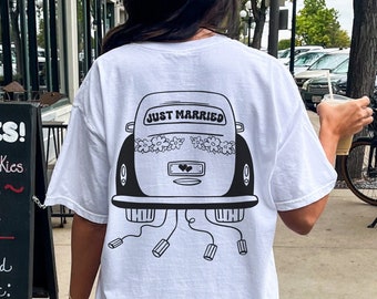 Retro Comfort Colors Shirt for New Bride Just Married Car Trendy Bridal Tshirts Cute Honeymoon Shirts New Wife Tee Wife Life Mrs Bride Shirt