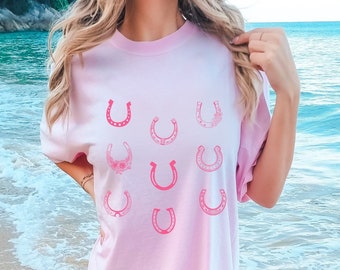 Camisa de herradura de vaquera occidental, camiseta de concierto de campo, camisa gráfica occidental de gran tamaño Camisas de rodeo de país lindo Camisa de vaquera costera