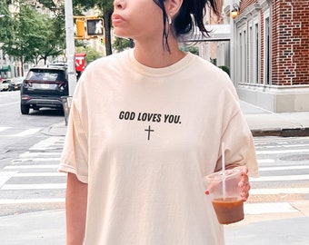 Comfort Colors Dios te ama camisa, Dios es buena camiseta, camisas cristianas positivas, camisa cristiana de moda, ropa cristiana de gran tamaño