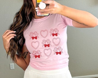 Baby Y2K Kirschen Herzen T-Shirt, Cropped Trendy Coquette Tshirt, 90er Jahre T-Shirt, Pinterest T-Shirt, Vintage Retro T-Shirt