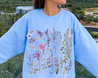 Vintage Wildflowers Sweatshirt, Geperst Lavendel Bloemen Sweatshirt, Boho Cottagecore Crewneck, Fairycore Pastel Botanische Bloemen Pullover
