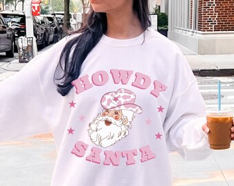 Retro Howdy sudadera de Navidad, cuello redondo occidental de vaquero Santa, sudadera de Navidad Vintage Santa, camisa de suéter feo de vacaciones, Santa rosa
