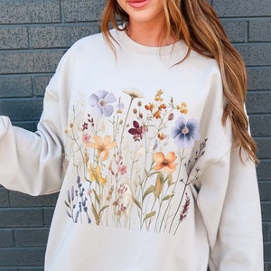 Boho Cottagecore Crewneck, Vintage Pressed Wildlowers Sweatshirt, Esthetische Botanische Bloementrui, Fairycore Oversized Bloemen Crewneck