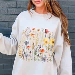 Boho Cottagecore Crewneck, Vintage Pressed Wildlowers Sweatshirt, Esthetische Botanische Bloementrui, Fairycore Oversized Bloemen Crewneck