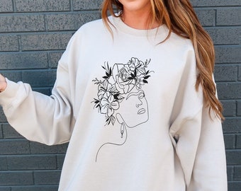 Minimalist Frida Sweatshirt, Line Art Drawing Shirt, Minimalist Sweater, Line Art Flowers Sweatshirt, Feminist Gifts