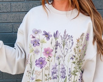 Vintage Wildflowers Sweatshirt, Geperst Lavendel Bloemen Sweatshirt, Boho Cottagecore Crewneck, Fairycore Pastel Botanische Bloemen Pullover