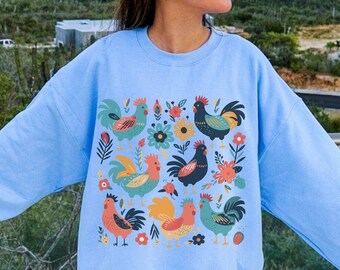 Kip Sweatshirt, Bloemen Kip Sweatshirt, Schattige Kip Kippen Sweatshirt, Oversized Animal Lover Sweatshirt, Funny Farm Life Crewneck