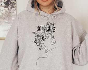 Felpa con cappuccio Frida minimalista, camicia da disegno Line Art, maglione minimalista, felpa con fiori Line Art, regali femministi, felpa con cappuccio Frida