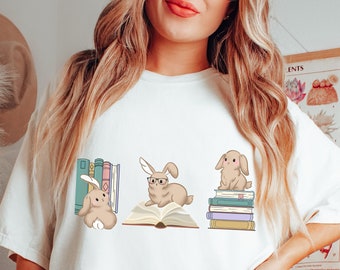 Floral Book Bunny Shirt, Rabbit Book Shirt, Bunny Lover Gift, Rabbit Mom Shirt,Bookish Shirts, School Librarian Reading Comfort Colors Shirt