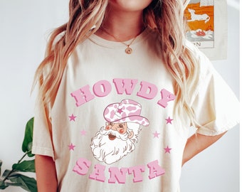 Retro Howdy Christmas Shirt, Comfort Colors Cowboy Santa Western, Vintage Santa Christmas Shirt, Ugly Holiday Shirt, Pink Cowboy Hat Santa