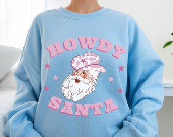 Retro Howdy sudadera de Navidad, cuello redondo occidental de vaquero Santa, sudadera de Navidad Vintage Santa, camisa de suéter feo de vacaciones, Santa rosa