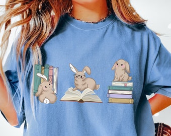 Floral Book Bunny Shirt, Rabbit Book Shirt, Bunny Lover Gift, Rabbit Mom Shirt,Bookish Shirts, School Librarian Reading Comfort Colors Shirt