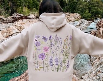 Vintage Wildflowers Hoodie, Pressed Lavender Flowers Hoodie, Boho Cottagecore Crewneck,Fairycore Pastel Botanical Floral Pullover Sweatshirt