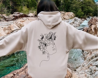 Minimalistyczna bluza z kapturem Frida, koszula z rysunkiem liniowym, minimalistyczny sweter, bluza z kwiatami w stylu liniowym, prezenty feministyczne, bluza z kapturem Frida