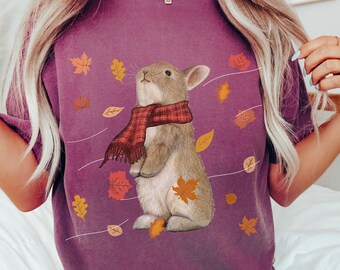 Camisa de conejo de hojas de otoño, camisa de conejito de otoño, camisa de conejito lindo, camisa amante del conejo de conejito, camisa de colores cómodos de moda, camisa de mamá conejita