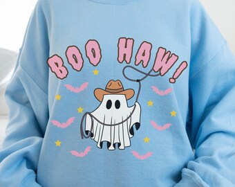 Retro Boo Haw Cowgirl Sweatshirt, Pink Spooky Season Crewneck, lustiger Halloween-Pullover, trendiges Grafik-T-Shirt, Western Halloween Ghost Sweatshirt
