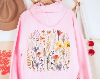 Boho Cottagecore Hoodie, Vintage Pressed Wildlowers Sweatshirt, Aesthetic Botanical Floral Pullover, Fairycore Oversized Flowers Crewneck
