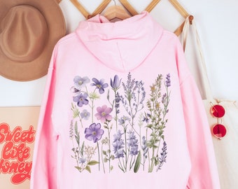 Vintage Wildflowers Hoodie, Pressed Lavender Flowers Hoodie, Boho Cottagecore Crewneck,Fairycore Pastel Botanical Floral Pullover Sweatshirt