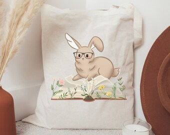 Book Lover Bunny Tote Bag, Floral Book Rabbit Tote, Bookish Tote Bag, Booktrovert Tote, Regalos de mamá conejita, Regalo amante del conejito, Lindo conejito Tote