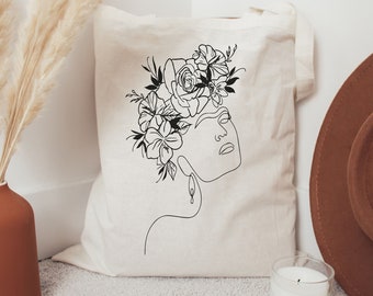 Minimalist Frida Tote Bag, Line Art Drawing Shirt, Minimalist Tote, Botanical Line Art Flowers Tote, Feminist Gifts,Cute Farmer's Market Bag