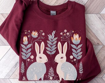 Sweat-shirt Winter Bunnies, Sweat-shirt Cottagecore Bunny, Pull lapin mignon, Animaux des bois fantaisistes Bunny Crewneck, Sweat-shirt lapin
