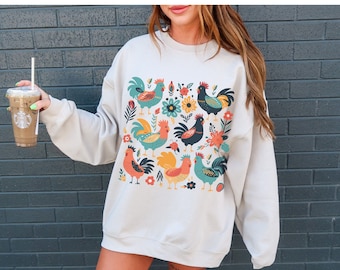 Kip Sweatshirt, Bloemen Kip Sweatshirt, Schattige Kip Kippen Sweatshirt, Oversized Animal Lover Sweatshirt, Funny Farm Life Crewneck