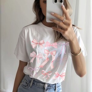 Coquette Bow Shirt, Pink Bow T-shirt, Cherry with a Bow Coquette Shirt, Downtown Girl Tee, Coquette Clothing, Y2K Baby Tee