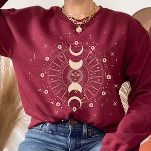 Celestial Whimsigoth Moon Phases Sweatshirt, Witch Shirt, Witchcore Aesthetic, Dark Academia Sweatshirt, Constellation Sun and Moon Crewneck