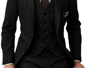Men's Vintage Black Wool 3-Piece Suit | Classic 1920s Gentlemen's Tweed Suit for Men
