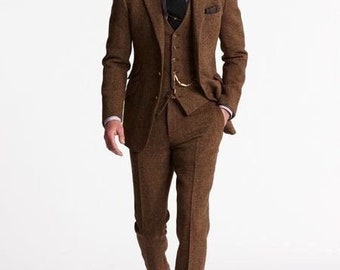 Men's Retro Suit Brown Wool 1920s 3 Piece Suit Gentleman's Tweed Suit For Men.