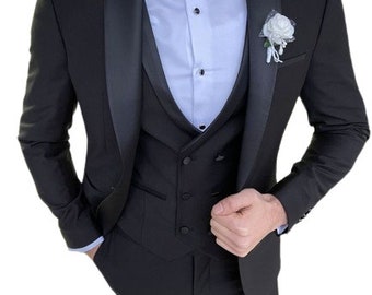 Men's Classic Black 3 Piece Suit with Shawl Lapel Groom's Wedding Suit Prom Suit For Men.