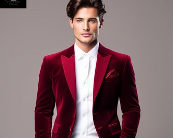 Men's Maroon Velvet 2-Button Blazer Elegant Tailoring for Special Occasions Stylish Velvet Suit Jacket for Weddings,Proms, and Formal Events