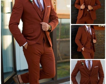 Rust Orange Three-Piece Suits - Men's Wedding Suits, Slim Fit Gift for him