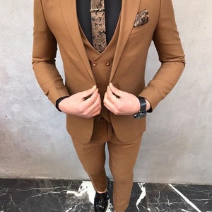 Men's Rustic Brown 3 Piece Slim Fit Prom Dress Tuxedo Blazer Party Wedding Suit