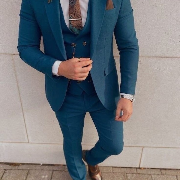 Men's SUITS TEAL Blue 3 Piece Formal Fashion Party Wear Gift For Men Wedding Groom Dinner Suit