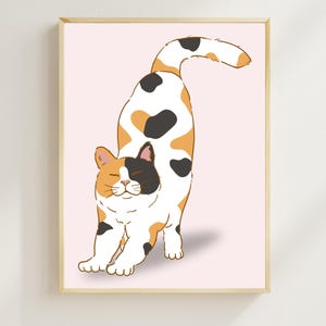 Wanddekoration für Wohnzimmer für Calico Cat Lover Stretching Cute Cartoon Art für minimalistische Wohnheim Decor Cat Mom Geschenk Feline Digital Printable
