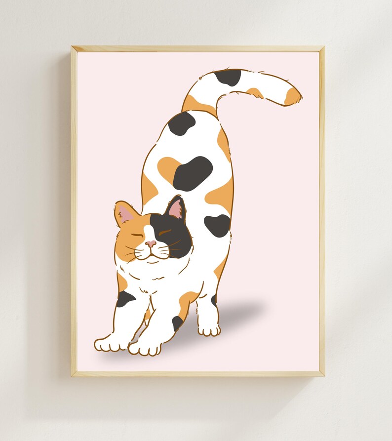 Calico Cat Stretching, Living Room Bathroom Wall Art, Cute Cartoon Cat Art, Minimalist Dorm Decor, Cat Mom Gift, Feline Yoga Animal Print,