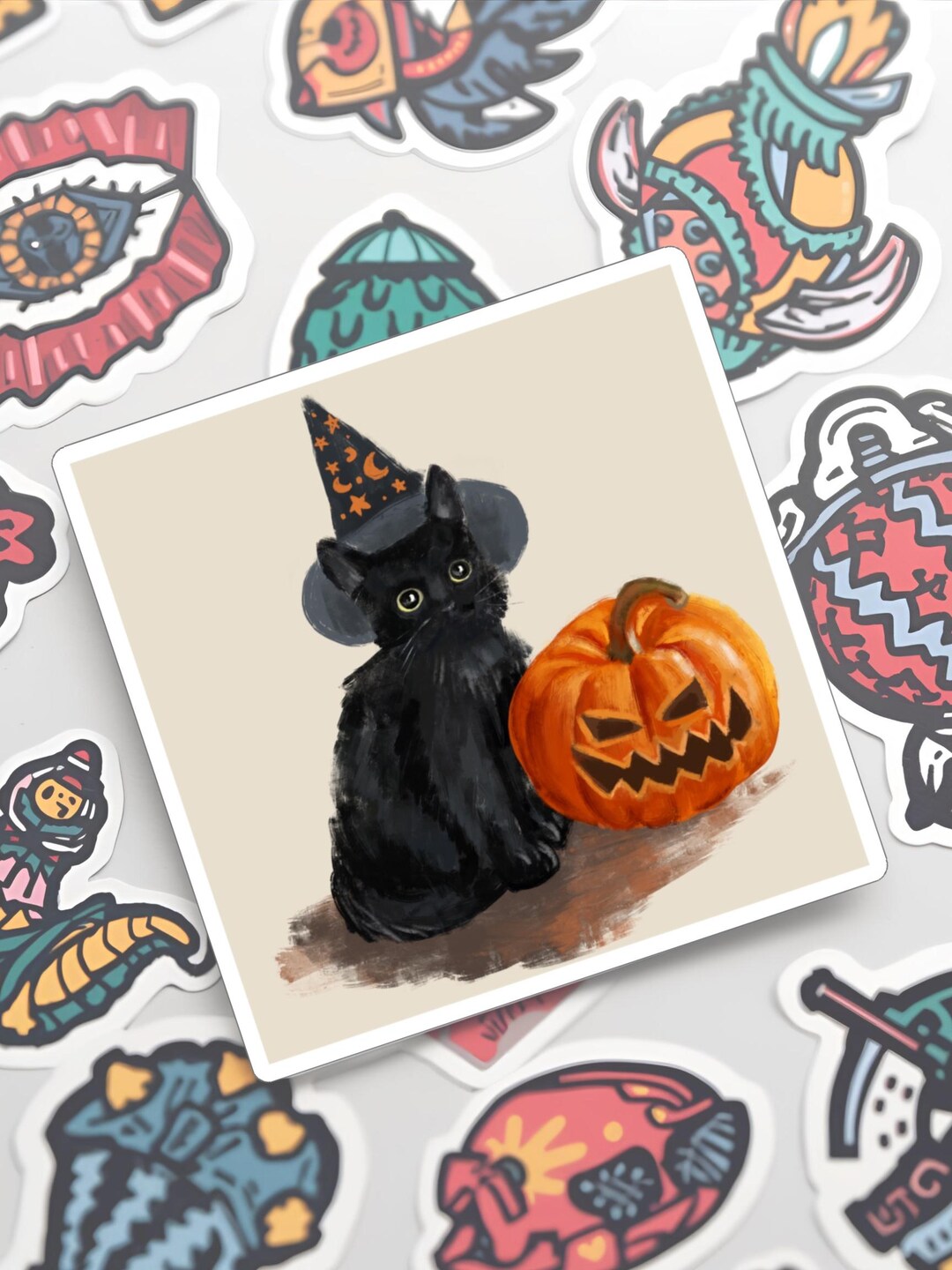 Black Cat Halloween Sticker: Witch Hat & Pumpkin Vinyl Decal - Etsy