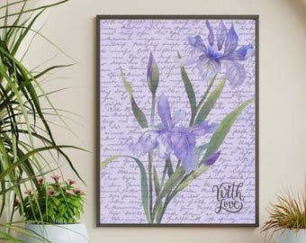 Vintage Iris Print, Botanical Art Poster, Floral Wall Decor