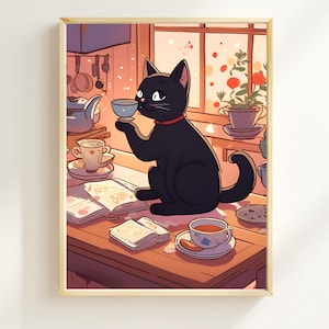 コーヒーを飲む黒猫、バーカートのデコレーション、キッチンの猫、かわいい子猫の室内装飾、黒猫の壁アート、黒猫のアートプリント、猫ママへのギフト