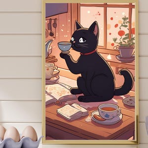 Coffee Cat Poster, Kitchen Wall Art, Handmade Cat Coffee Poster, Coffee Espresso Bar, Unique Retro Art Print, Black Cat Poster Home Decor