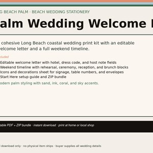 Op de afbeelding: Een digitale trouwstationery-set getiteld Long Beach Palm Beach Wedding Stationery, met een welkomstbrief en een weekendplanning. De tekst bevat details over bewerkbare velden, iconen en een handleiding met zand-, inkt-, koraal- en hemelsblauwe accenten.
