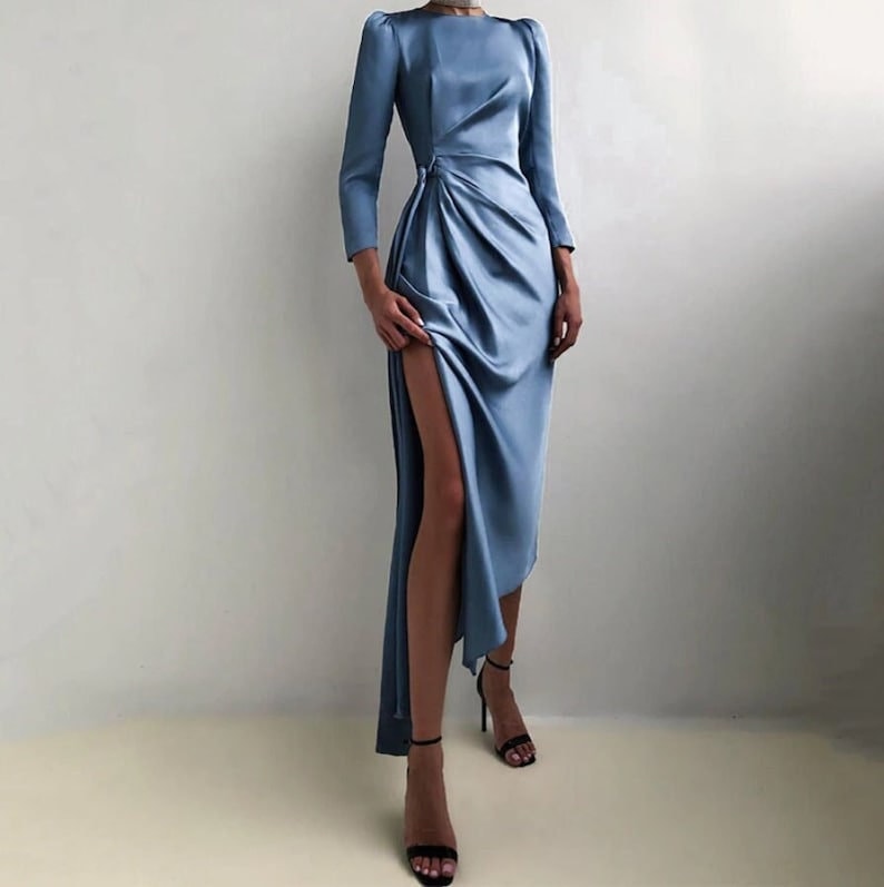 Long Sleeve Floor Length Dress Slit 