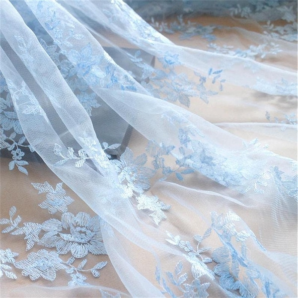 bridal floral fabric sky blue white light pink, Embroidery Colorful Tulle Lace,Prom Dress,Flower Dress,Bridal Dress,Pageant Gown